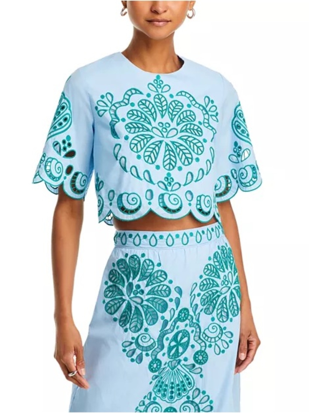 FARM Rio 2-Piece Embroidered Richelieu Crop Top and Midi Skirt Set Blue Green - Picture 8 of 16